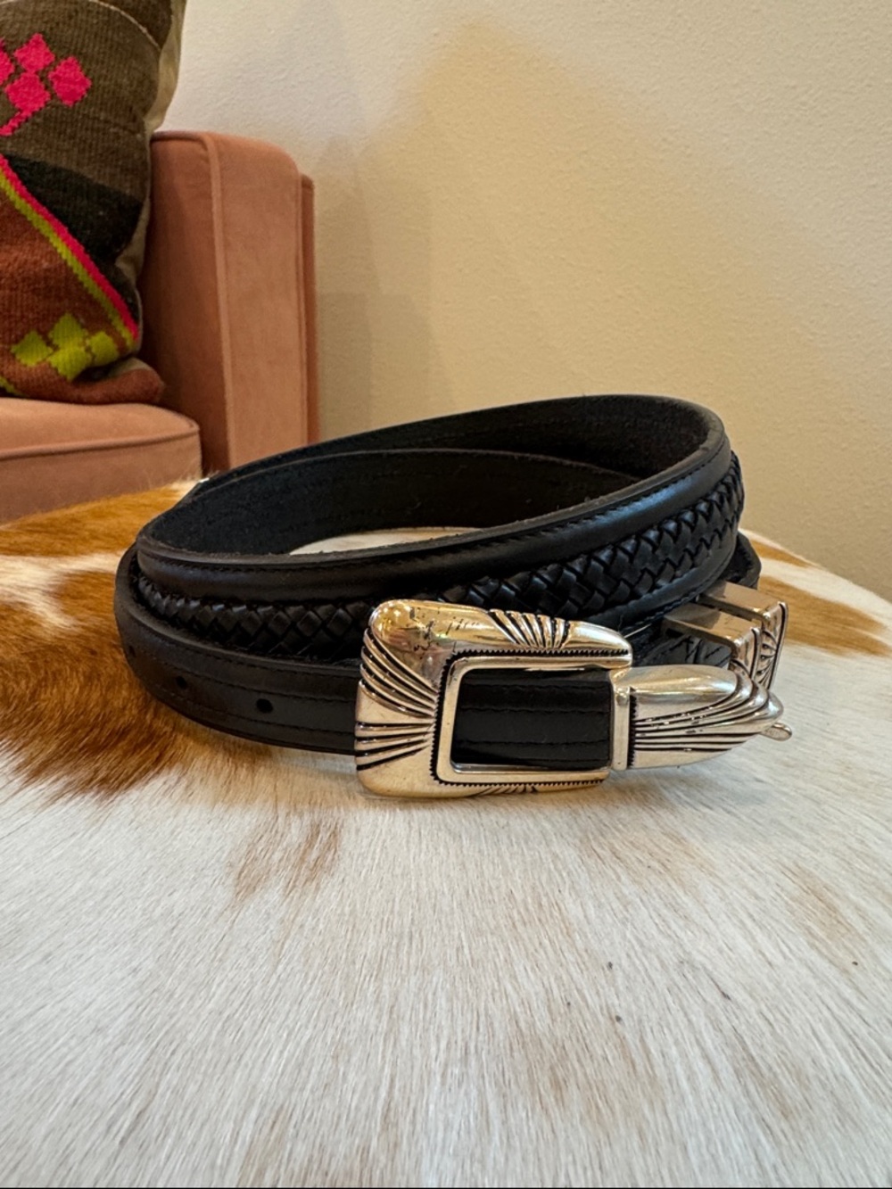 Tony Lama Black Braided Leather Belt with Silver Western Buckle